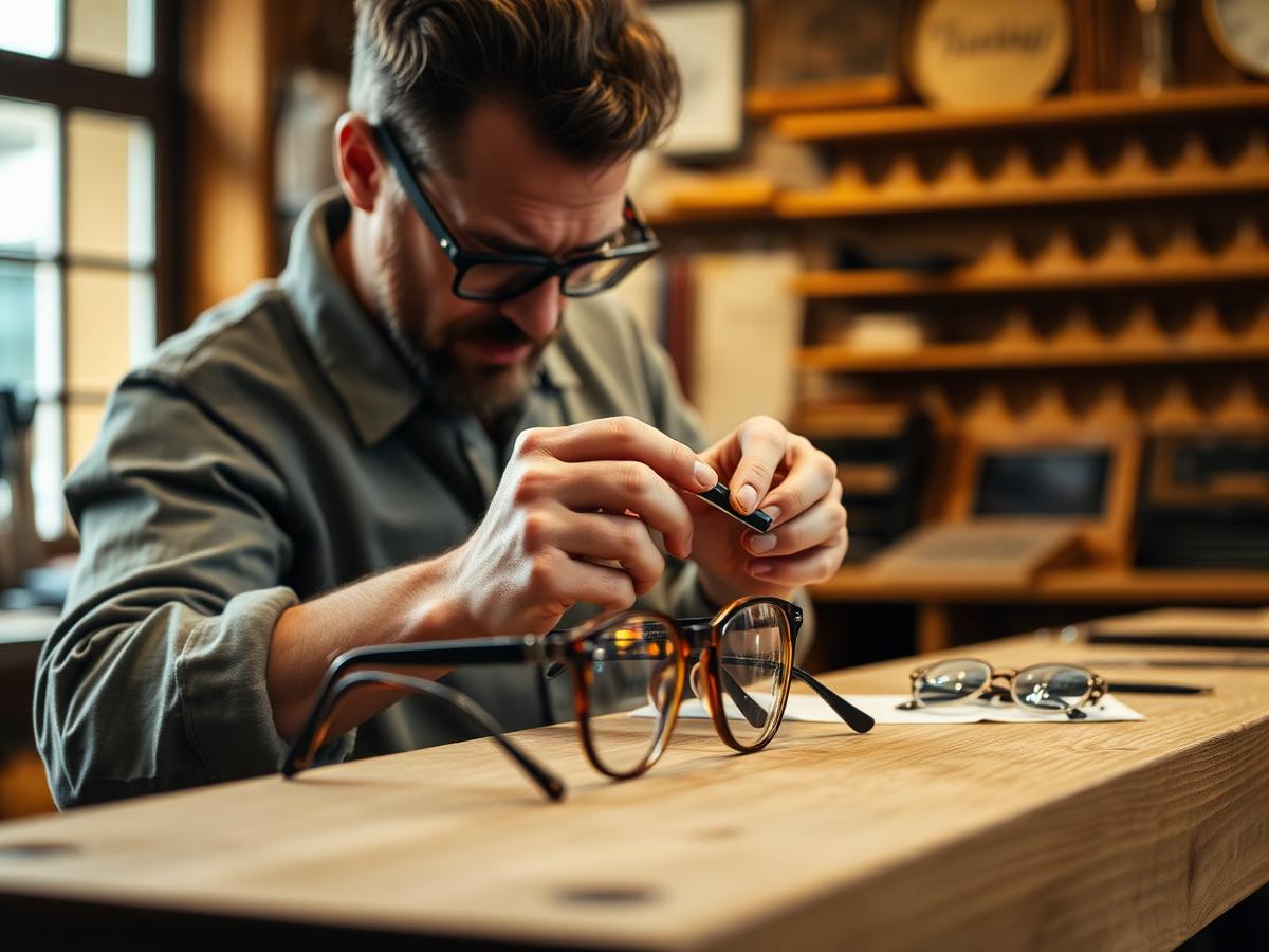 Opticien ajustant une monture dans l'atelier de fabrication